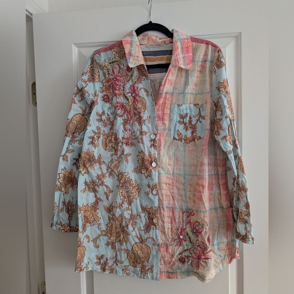 Soft Surroundings Floral Print/ Plaid Patch Button Up Blouse With Embellishments